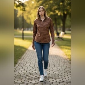 Nwt Brown Long Sleeve Women's Top Reel Life Quarter Zip Stretch Large